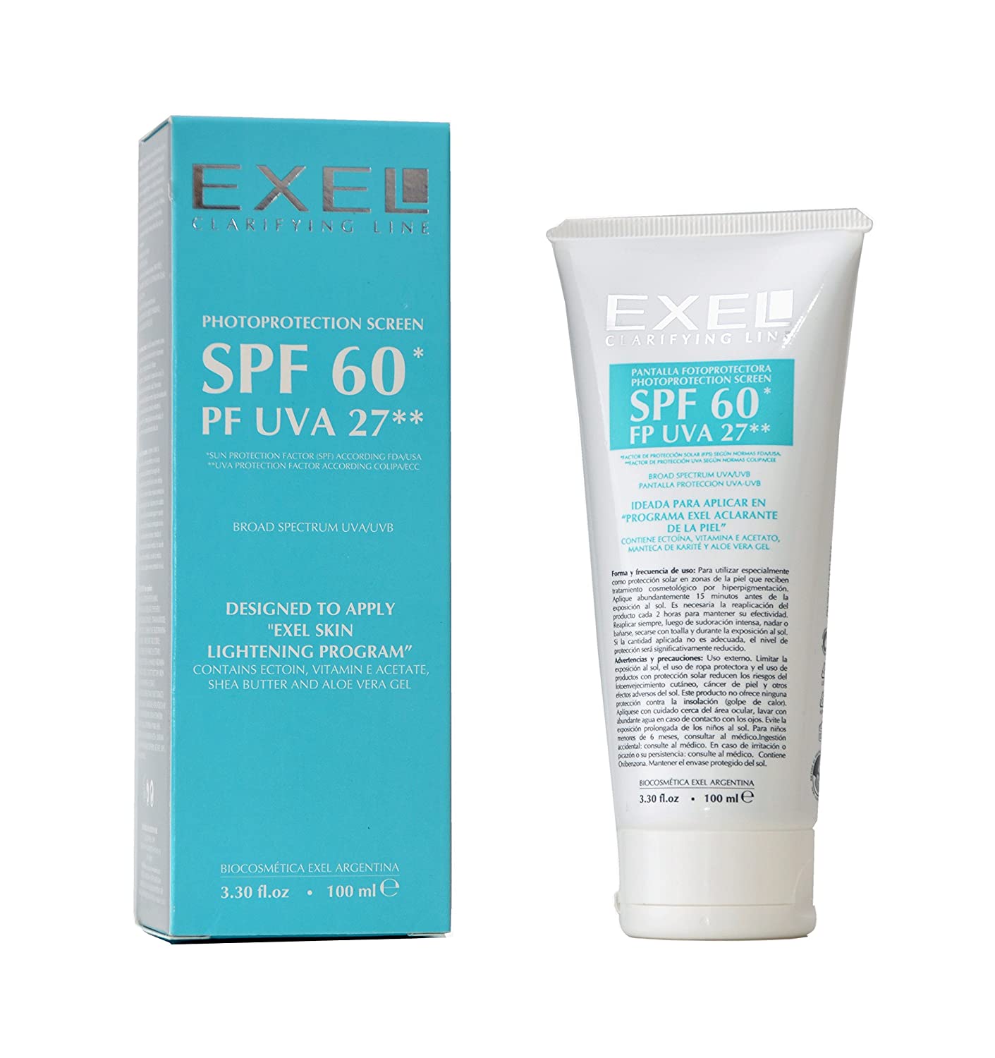 Exel Biocosmetic Sunscreen SPF 60 PF UVA UVB 27 Broad Spectrum Ectoin and Titanium Dioxide, 100ml